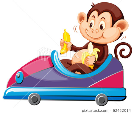 Monkey riding on toy car eating banana 62452014