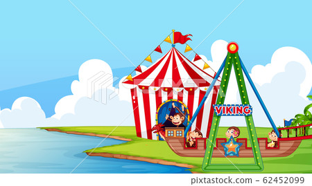 Scene with monkeys riding on viking ship in the 62452099