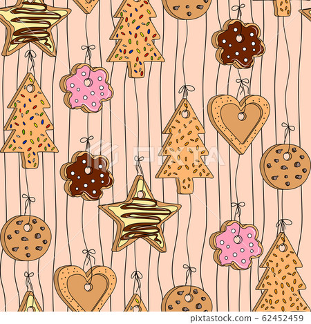 Seamless pattern with different kinds of home made cookies hanging on threads 62452459