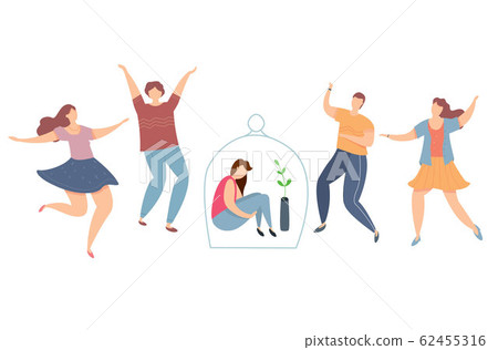 Modern vector illustration of introvert and extravert on party. Lonely introvert girl among dancing people. Sad girl under the glass dome. Modern vector illustration of introvert and extravert on party. Lonely introvert girl among dancing people. Sad girl under the glass dome. 62455316