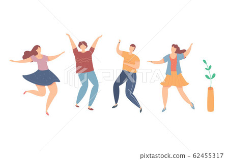 Modern vector illustration of young happy dancing people. Set of characters having fun at party. Male and female in trendy clothes. Men and women enjoying events 62455317