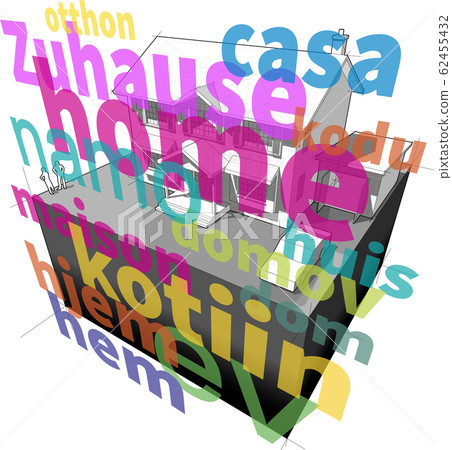 diagram of a classic colonial house with car and garage with word HOME in many languages in front of it 62455432