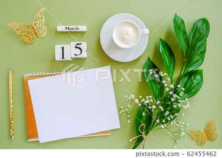 Wooden cubes calendar March 15. Notepad, cup of Wooden cubes calendar March 15. Notepad, cup of 62455462