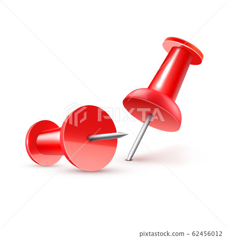 Realistic vector plastic glossy red push pin 3D vector icon on white background. 62456012