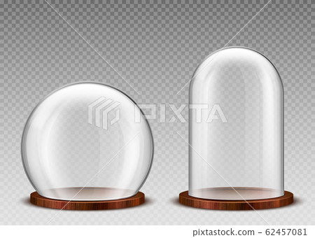 Empty glass dome, clear bell jar on wooden podium 62457081