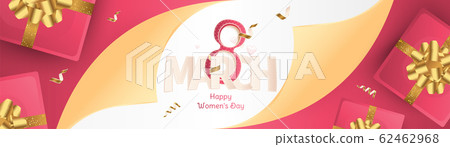 8 March International women's day. Long Greeting card with shining glitter, gold ribbon and sign eight. Flat vector illustration EPS10 8 March International women's day. Long Greeting card with shining glitter, gold ribbon and sign eight. Flat vector illustration EPS10 62462968