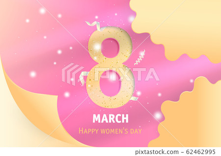 8 March International women's day. Greeting card with shining glitter, gold ribbon and sign eight. Flat vector illustration EPS10 8 March International women's day. Greeting card with shining glitter, gold ribbon and sign eight. Flat vector illustration EPS10 62462995