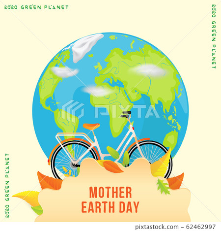 International Mother Earth Day with world map. Bicycle with leaves on a background of the globe. Concept on the theme of conservation of green nature. Flat vector illustration EPS10 International Mother Earth Day with world map. Bicycle with leaves on a background of the globe. Concept on the theme of conservation of green nature. Flat vector illustration EPS10 62462997