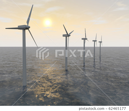 A wind turbine installed in the sea. The propeller spins in the wind. 3D illustration 62465177
