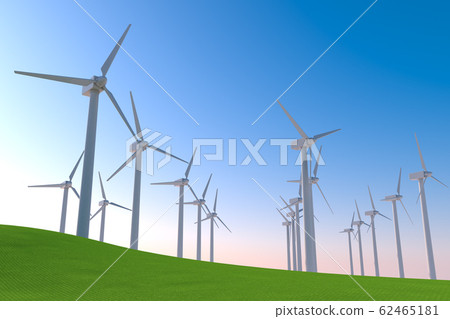 Many wind turbines spin. Operates with the power of nature. 3D illustration 62465181