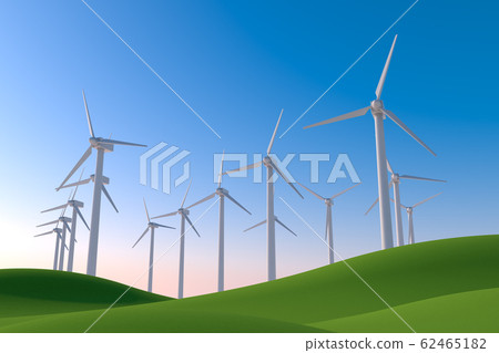 Wind turbines in nature. Natural green and blue sky. 3D illustration 62465182