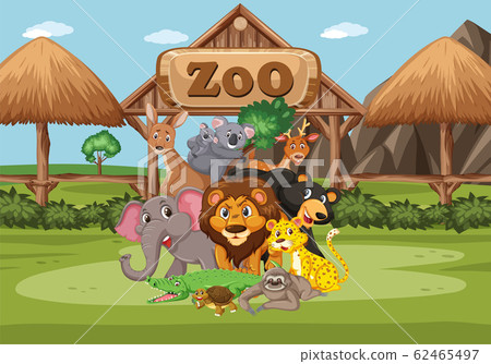 Scene with wild animals in the zoo at day time - Stock Illustration ...