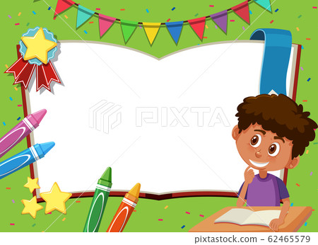 Banner template with happy boy sitting on the desk Banner template with happy boy sitting on the desk 62465579