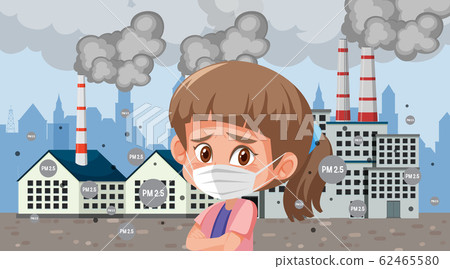 Sad looking girl wearing mask in front of factory 62465580