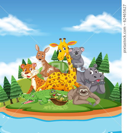 Scene with many wild animals in the park Scene with many wild animals in the park 62465627
