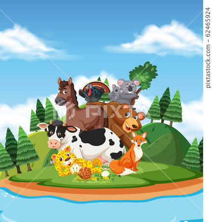 Scene with many wild animals in the park - Stock Illustration [62465924 ...