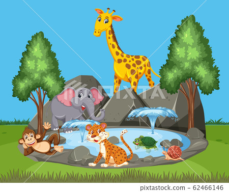 Scene with many wild animals in the park Scene with many wild animals in the park 62466146