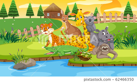 Scene with wild animals in the field by the river - Stock Illustration ...