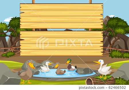 Wooden sign template with many ducks in the pond Wooden sign template with many ducks in the pond 62466502