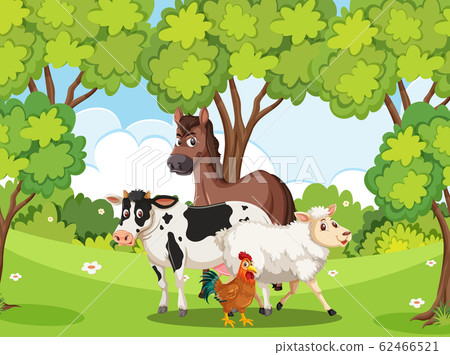 Scene with many wild animals in the forest 62466521