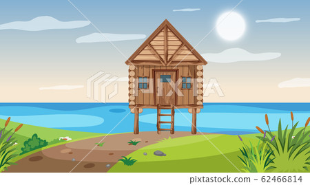 Scene with wooden cottage in the field by the Scene with wooden cottage in the field by the 62466814