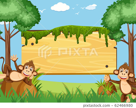 Wooden sign template with happy monkeys in the Wooden sign template with happy monkeys in the 62466980