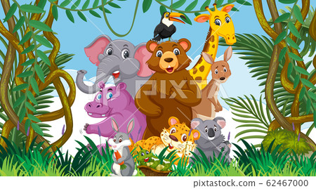 Scene with many wild animals in the forest Scene with many wild animals in the forest 62467000