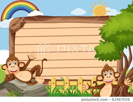 Wooden sign template with two monkeys in the park - Stock Illustration  [62467056] - PIXTA