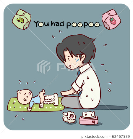 新爸爸困惑於換尿布的嬰兒（背景色） 62467589