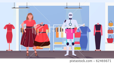 robotic character and woman choosing dresses artificial intelligence technology shopping concept human vs robot fashion boutique interior horizontal full length robotic character and woman choosing dresses artificial intelligence technology shopping concept human vs robot fashion boutique interior horizontal full length 62469871