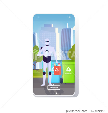 robotic character holding plastic rubbish container near colorful trash cans artificial intelligence segregate waste recycle concept cityscape background mobile app copy space full length 62469958