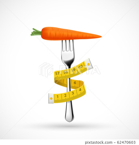 Fork with vegetable carrots and a measuring tape Fork with vegetable carrots and a measuring tape 62470603