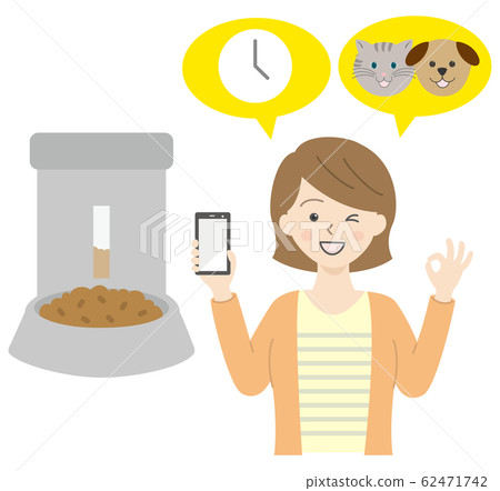 A woman holding an automatic feeding machine and a smartphone A woman holding an automatic feeding machine and a smartphone 62471742