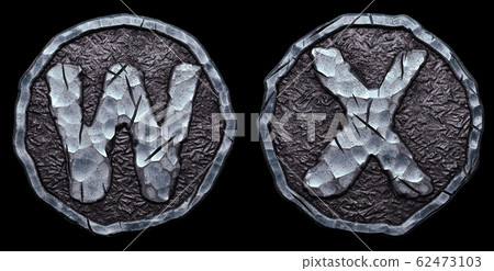 Set of capital letters W, X made of forged metal in the center of coin isolated on black background. 3d Set of capital letters W, X made of forged metal in the center of coin isolated on black background. 3d 62473103