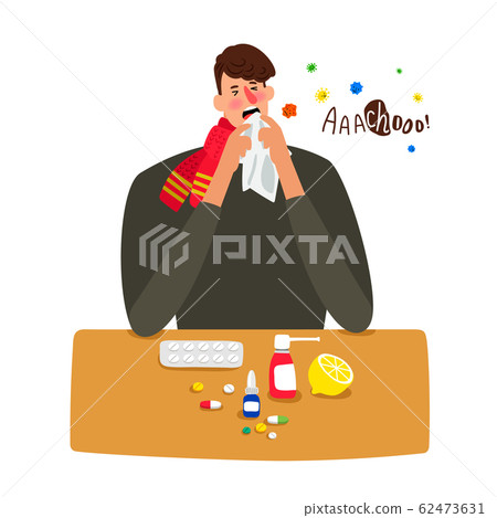 Sick man sneezes with flu isolated on white 62473631
