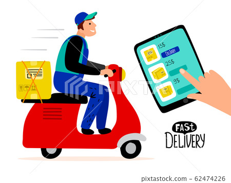 Fast paid delivery vector concept. Delivery man drive scooter illustration Fast paid delivery vector concept. Delivery man drive scooter illustration 62474226