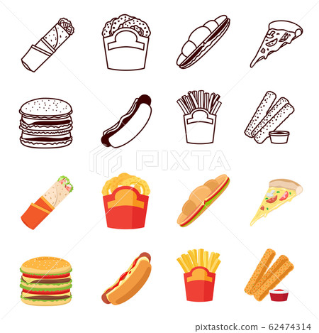 Line and flat fastfood icons set 62474314
