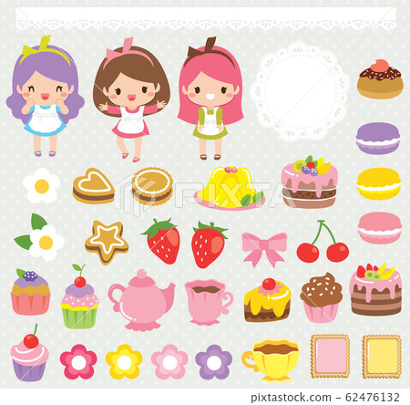 Cute food clipart set with girls, sweets, cakes, teacups and lace ornaments 62476132
