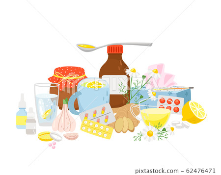 Cold medicine, pills syrup, tea with lemon, garlic, ginger 62476471