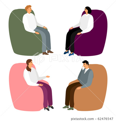 People in armchairs. Cartoon men and women sit in chairs for relaxing and talking, relaxing or psychotherapy vector illustration 62476547