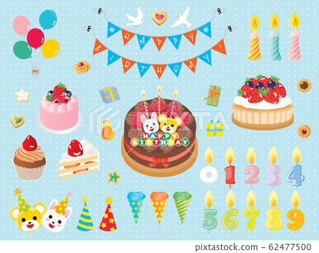 A set of birthday flags, cakes and candles A set of birthday flags, cakes and candles 62477500