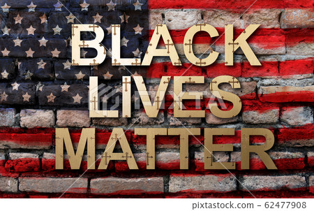 Black lives matter slogan on American flag, wall background 62477908