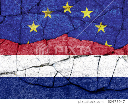 flags of EU and Netherlands painted on cracked wall 62478947