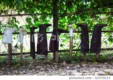 Agricultural boots hanging on wood in the garden 62479223