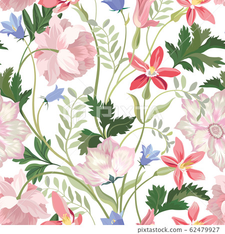 Floral seamless pattern. Beautiful spring summer background with tropical garden flowers Floral seamless pattern. Beautiful spring summer background with tropical garden flowers 62479927