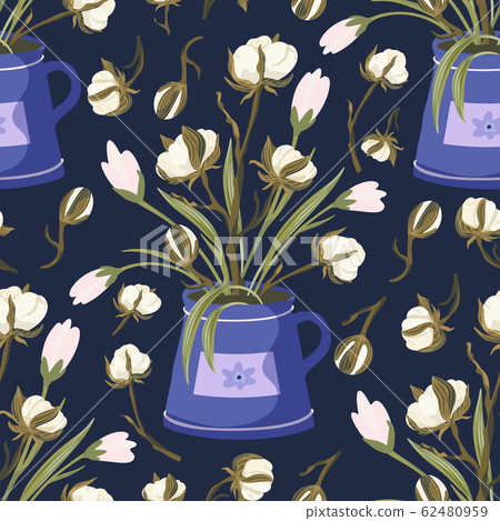 Cotton flower vector seamless pattern. 62480959