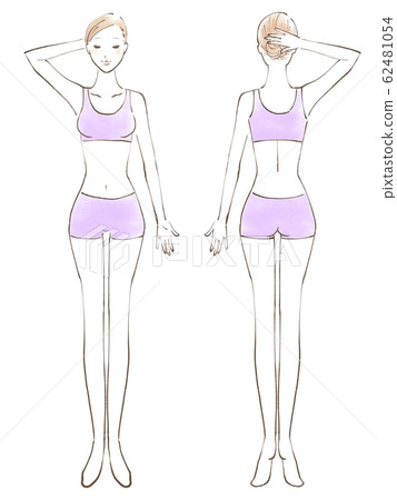 全身女性裸眼閉一隻手舉起衣服紫色（彩色） 62481054