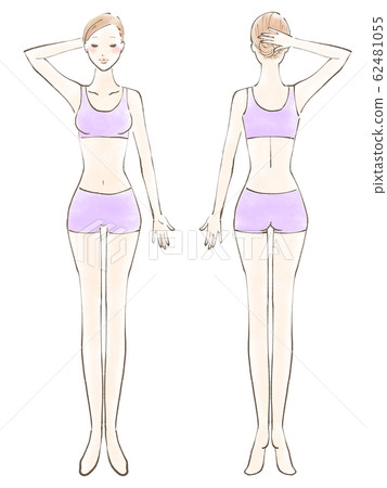 全身女性裸眼閉一隻手舉起衣服紫色（彩色） 62481055