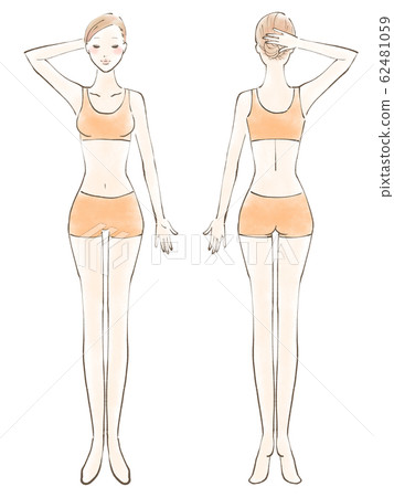 Full body female naked eyes closed one hand raised clothes orange (color) 62481059