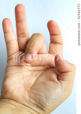 Trigger Finger lock on middle finger of woman's right hand, Suffering from pain, White background, Health care concept 62482575